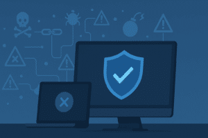 Illustration of a secure computer and laptop with shield icon, surrounded by digital threat symbols representing endpoint protection and cybersecurity.